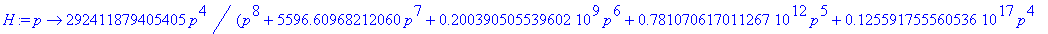 H := proc (p) options operator, arrow; 292411879405405*p^4/(p^8+5596.60968212060*p^7+200390505.539602*p^6+781070617011.267*p^5+.125591755560536e17*p^4+.293346944014671e20*p^3+.282656955267829e24*p^2+.2...